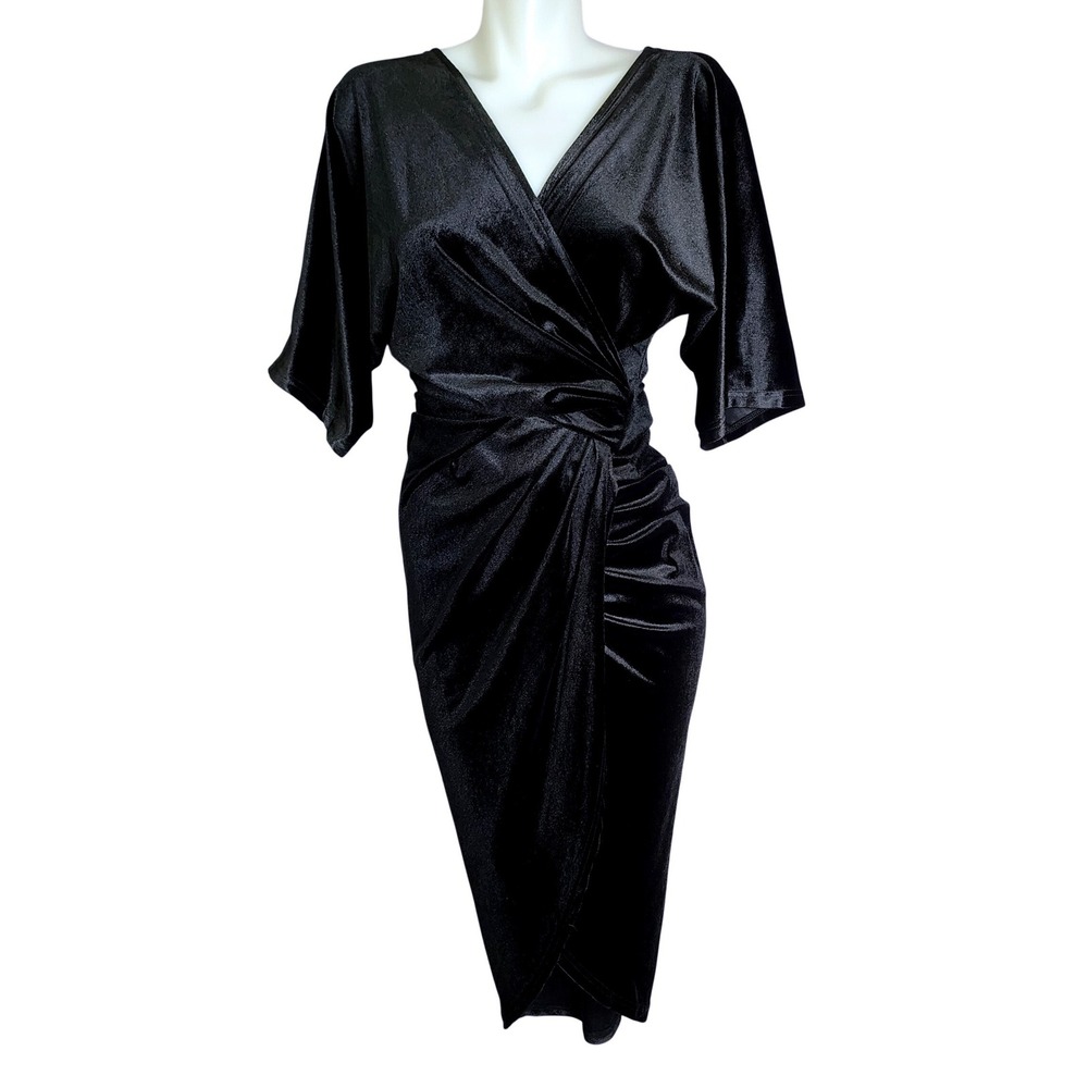 Baltic Born Black Velvet Ruched Wrap Dress Tulip Skirt Small Cocktail Wedding